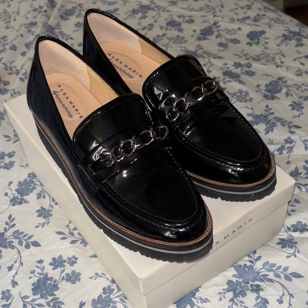 Alex Marie Black Patent Loafers with Silver Chain Trim size 8